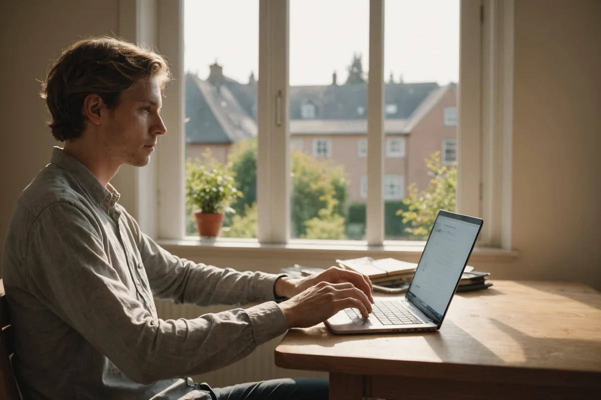 Person writing at a desk near a window, warm natural light